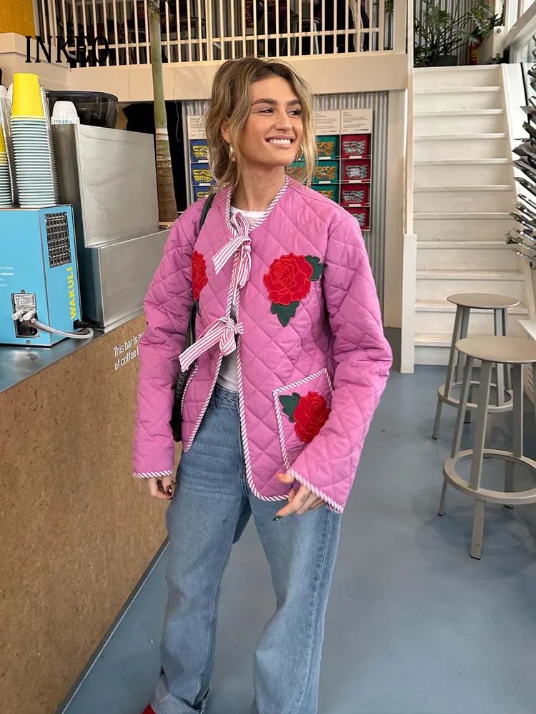 

Streetwear Floral print quilted jacket for women 2024 Autumn Binding Cotton padded coat Fashion Lace up parkas warm INKEO 4O052