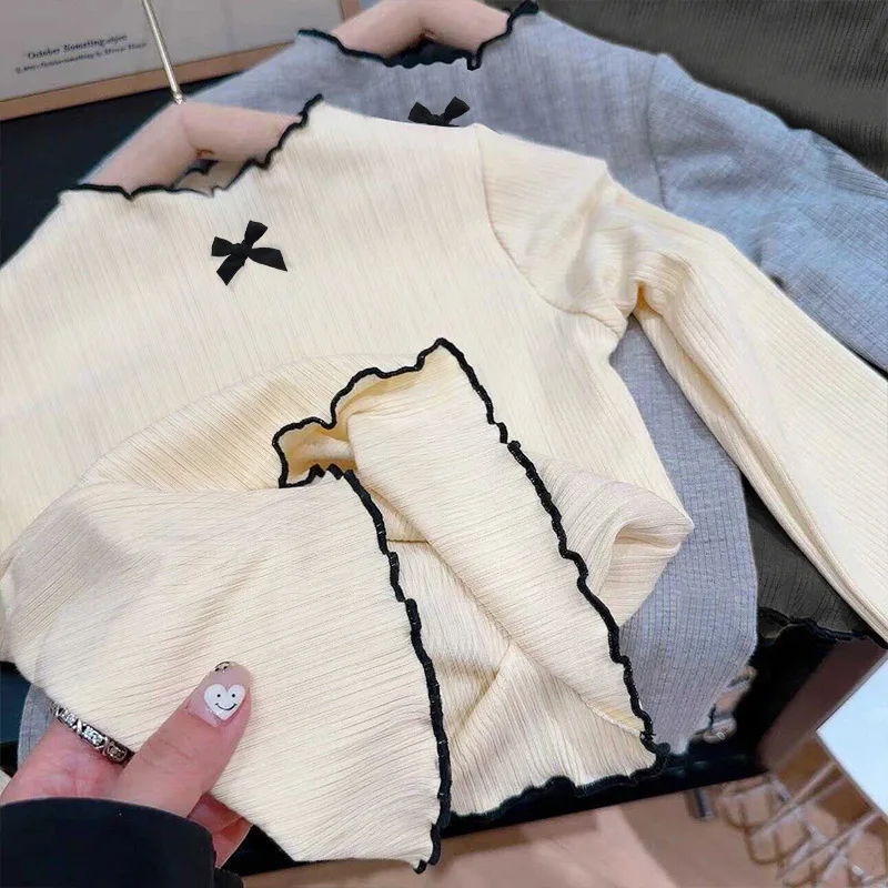 6M-8Y Girls Long Sleeved T-shirt Children Ruffled Edge Bow Knitted Tops 2025 Autumn Versatile Base Shirt for Baby Girls