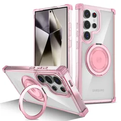 MagSafe Magnetic Clear Case with Wireless Charging and Stand Holder for Galaxy S26 Plus (Clear Pink)