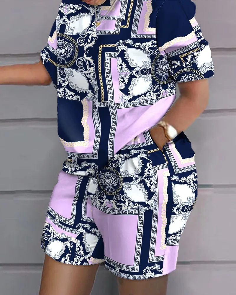 Casual Loose Short Sleeve Tshirt Shorts Set Office Lady