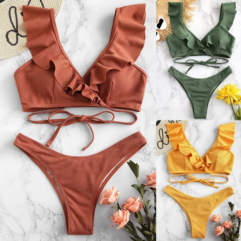 

Push Up Bikini Set Women Ruffle Biquini Swimwear Low Waist New Sexy Brazilian Ribbed Swimsuit Bather Beach Maillot De Bain