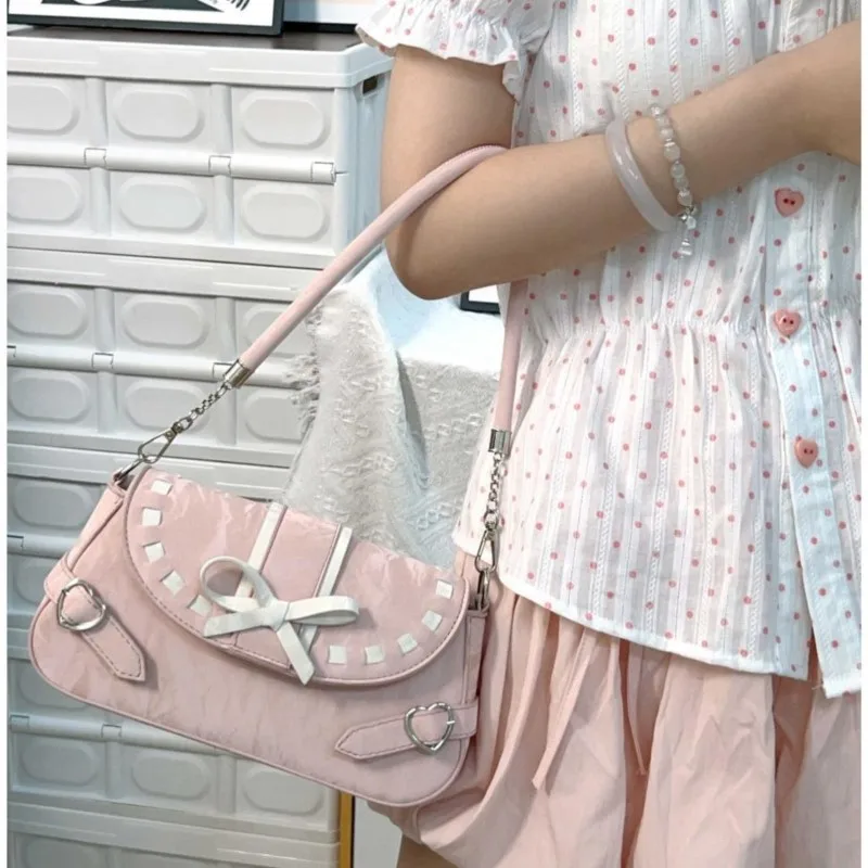 JIAERDI Sweet Bow Pink Underarm Bag Women Hot Girls Leather Shoulder Crossbody Bag Female Fairycore Aesthetic Y2k Handbag New