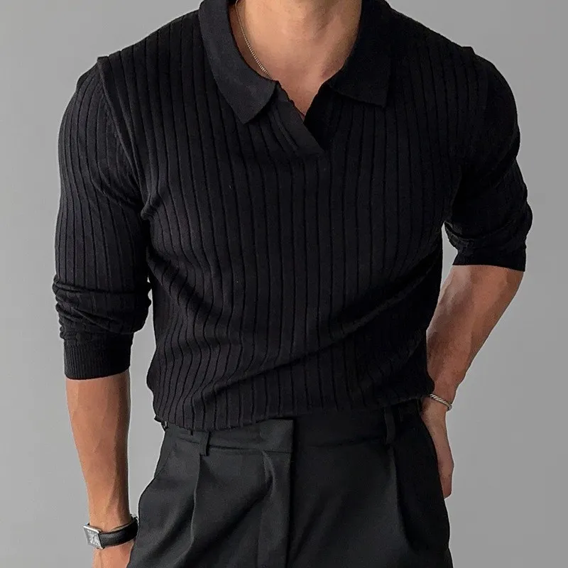 

Повседневная трикотажная Облегающая рубашка-поло в рубчик для мужчин, весенние модные топы с длинным рукавом, Мужская винтажная Однотонная футболка с отложным воротником