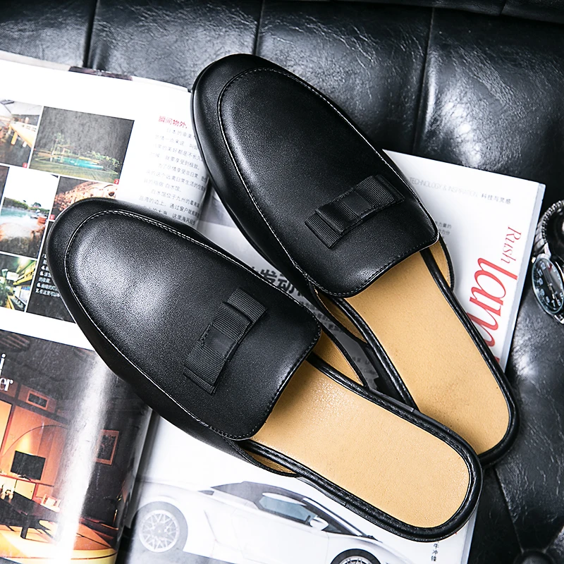 

Black Half Shoes For Men Leather Shoes Casual Luxury Designer Mules Men Fashion Loafers Slippers Summer Man Slides Slip On Flats