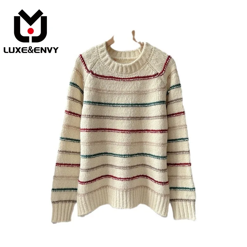 

LUXE&ENVY Colorful Striped Pullover Sweater Soft And Glutinous, Loose And Lazy Style, Medium Length Knit 2023 Winter