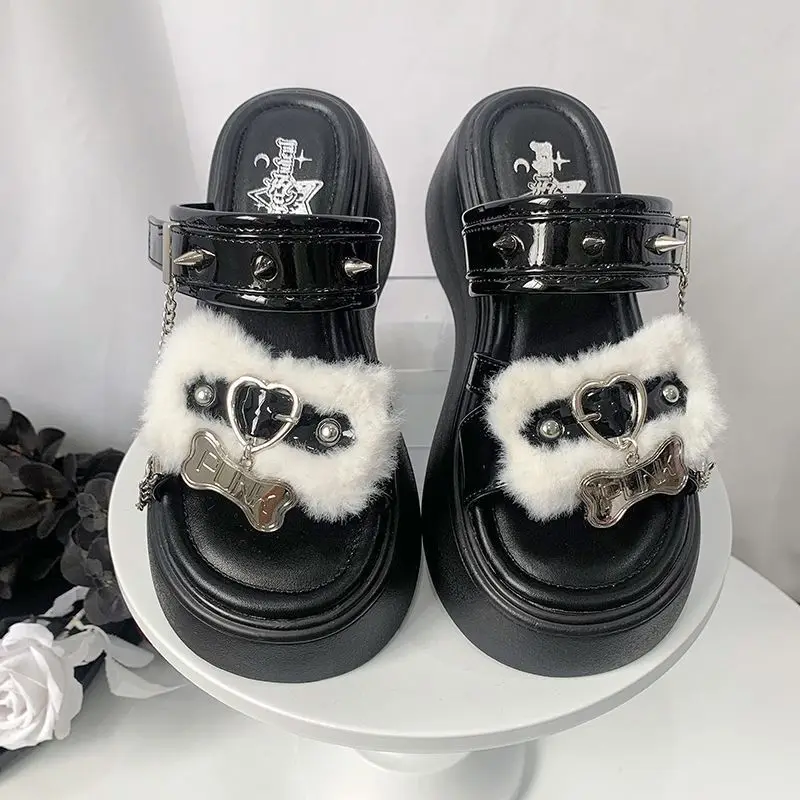 2024 Original Summer Punk Y2g Muffin Platform Slippers Plush Outer Wear Flat Sandals Women Slippers