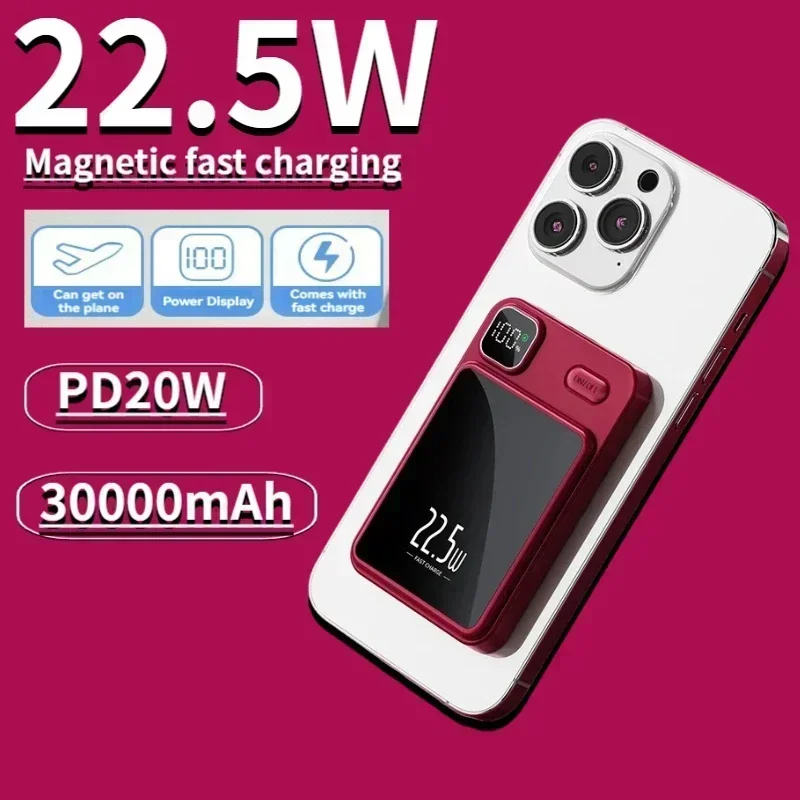 Portable Wireless Power Bank, Magnetic Qi Powerbank, Type C Fast Charger for iPhone 8-15, Mini, MaCsafe, 30000mAh, 22.5W