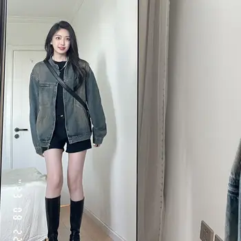 폐토 바람 높은 거리 데님 코트 여성 봄과 가을 미국 빈티지 힙 고민 세척 카디건 재킷 탑 조수