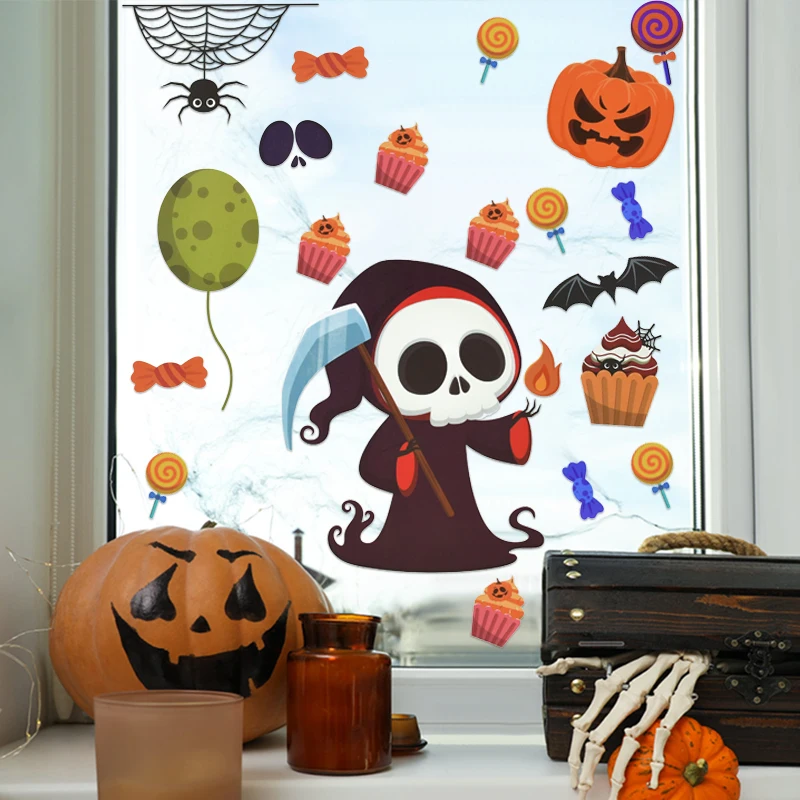 9PCS Halloween Window Stickers Ghost Pumpkin Witch Window Decor Sticker Haunted House Halloween Party Decor Bar Home Wall Decal
