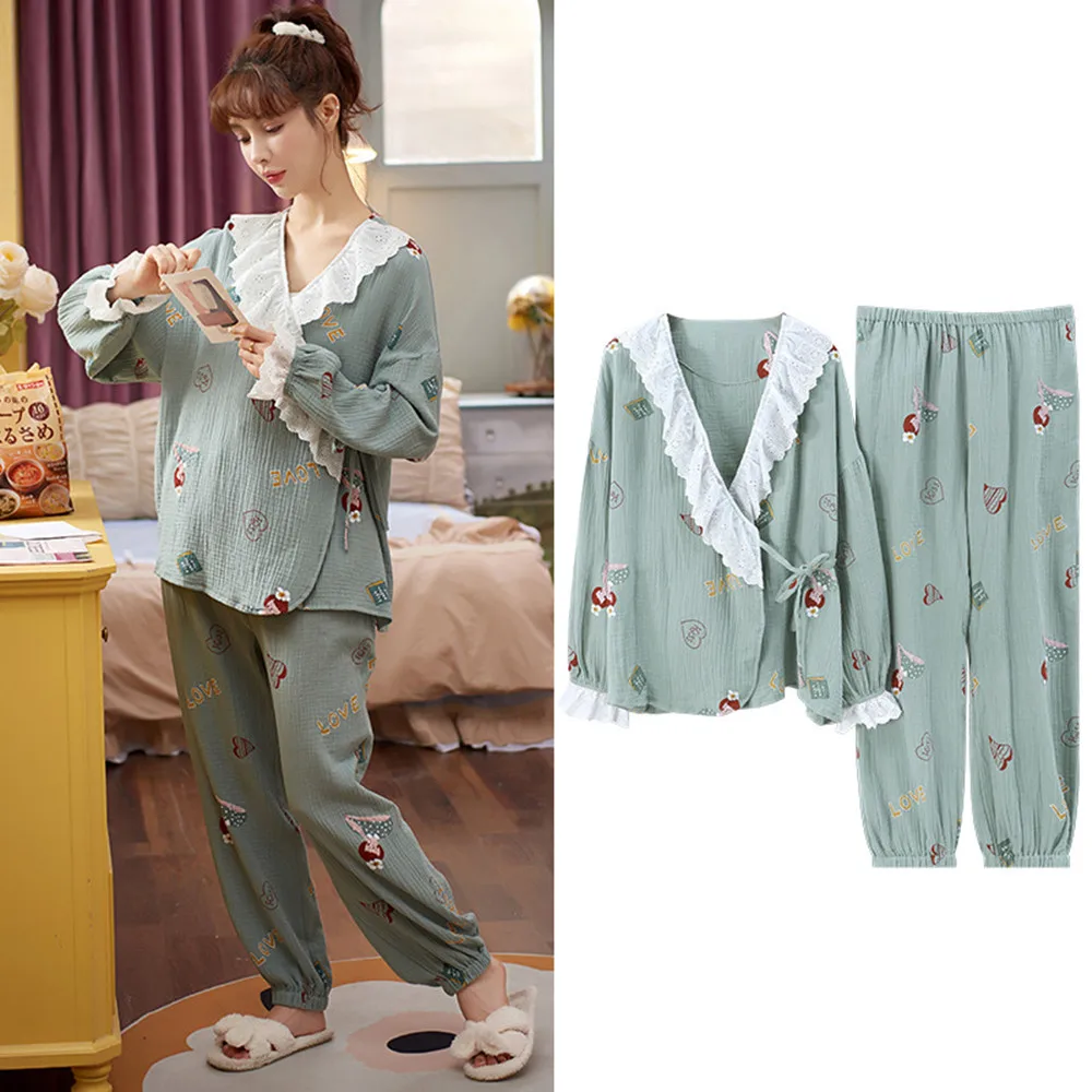 

Fdfklak New 2 PCs/Set Printed Maternity Nursing Sleepwear Cotton Breastfeeding Nightwear For Pregnant Women Pajamas Suit
