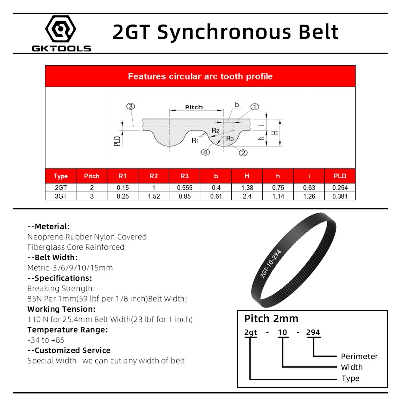 GKTOOLS C-5 3D Printer GT2 6mm 2GT Timing Closed Loop Rubber