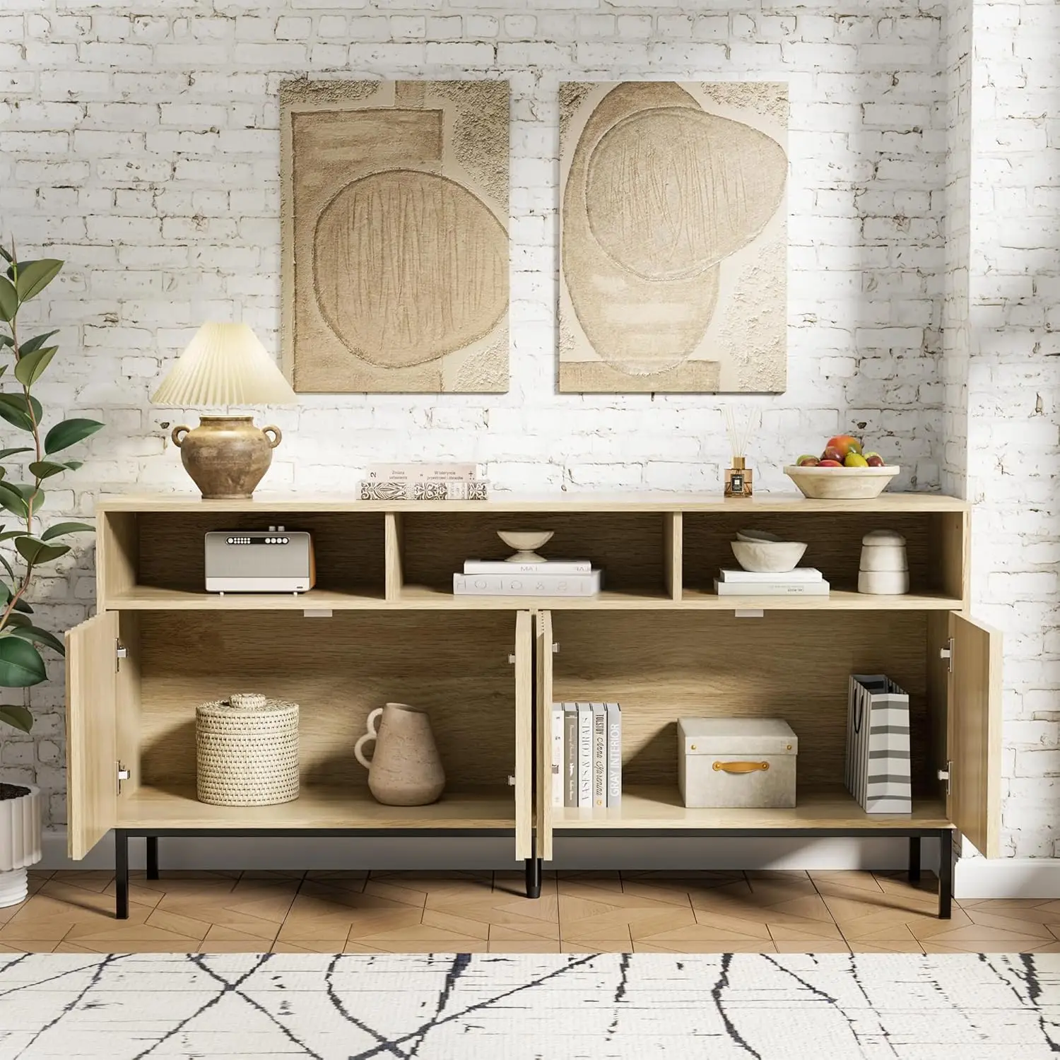 Mid Century Modern Sideboard Buffet Cabinet Storage,61.4'' Fluted Sideboard Cabinet,Buffet Cabinet Legs,Accent Credenza4 Doors