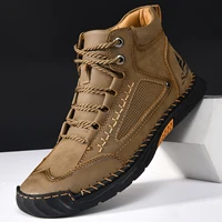 Hand-stitching Casual Leather Shoes Men Boots Outdoor Autumn Retro Breathable Casual Shoes Lace Up Khaki Ankle Boots Winter