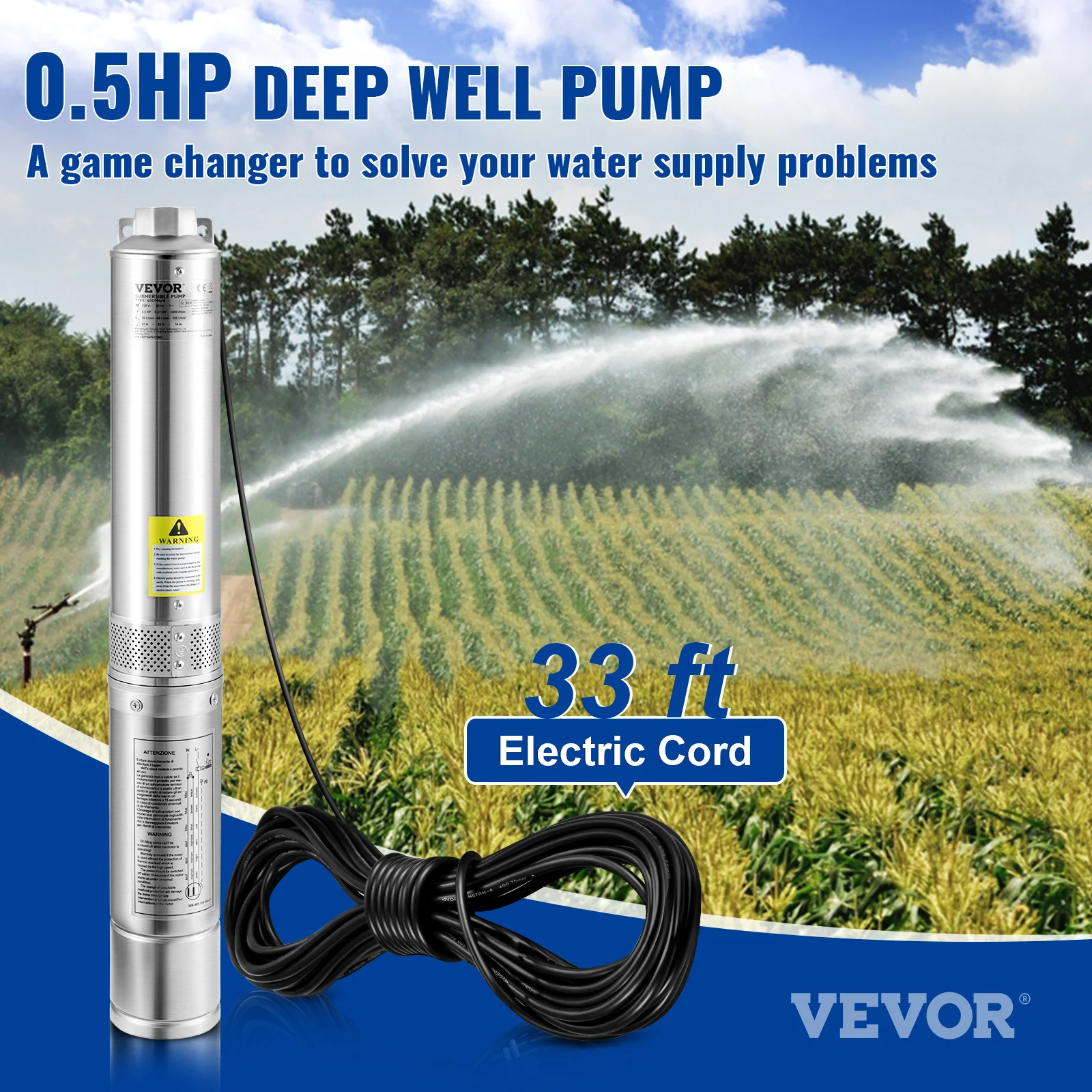 Water Pump VEVOR Deep Well Submersible Pump 0.5/1/1.5/2/3 HP 230V/60Hz Stainless Steel Water Pumps for Industrial, Irrigation & Home Use