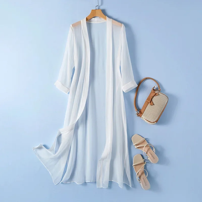 100% Silk Coat Women Blouse Sunscreen Women's Mid-length Mulberry Silk Shirt Summer Loose Thin Women Tops Blusas Mujer Zm2926