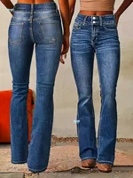 High Waist Double Breasted Stretchy Straight Leg Jeans Ladies High Stretch Denim Pants Comfortable Fit Three-quarter Length