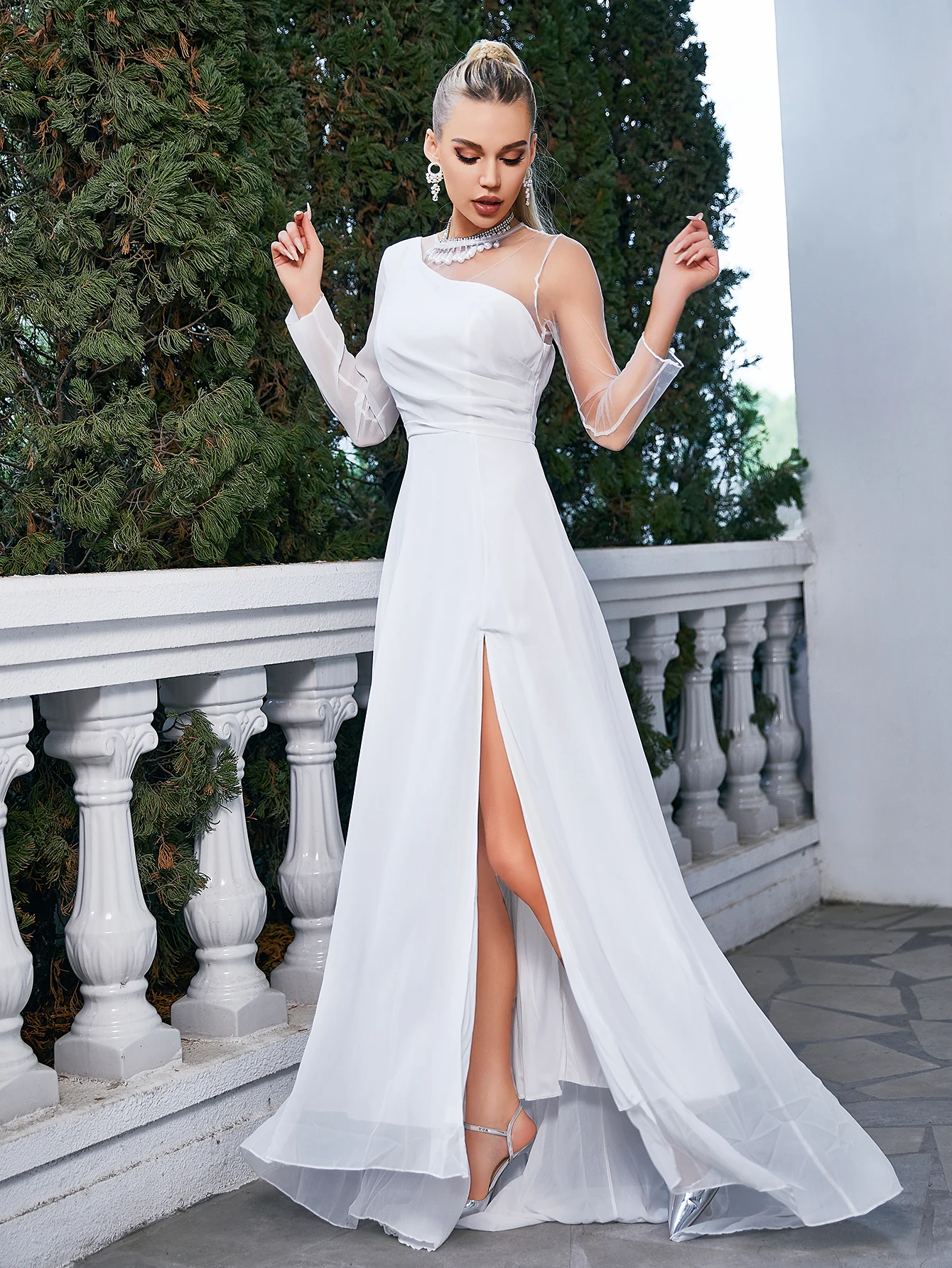 New Style Long Sleeve Prom Robes Train Evening Party Dress White Side Slit Suitable for Formal Partie Vestidos Birthday Frocks