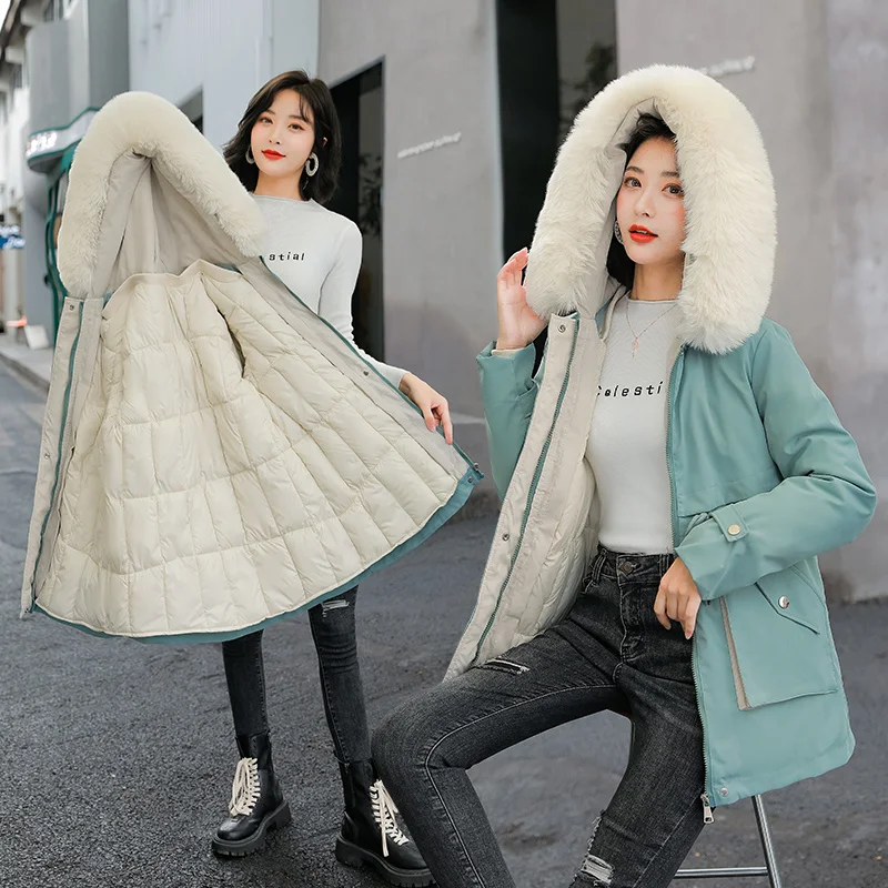 Oversized Fake Fur Hooded Parkas Women Korean Fashion Letter Print Down Cotton Padded Coat Snow Wear Thick Puffer Winter Jacket