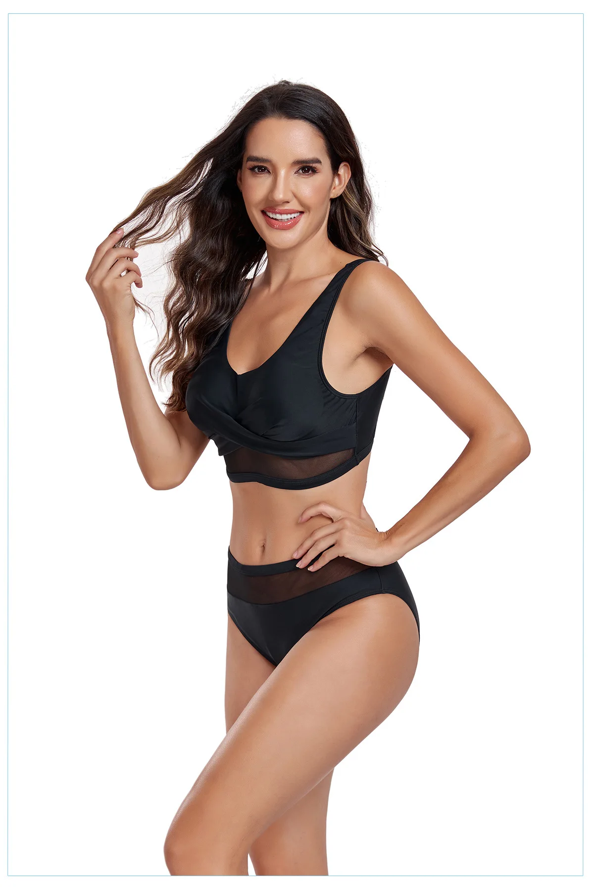 2024 new swimsuit hot-selling European and American sexy twisted net gauze hollowed-out solid color bikini split swimsuit suit