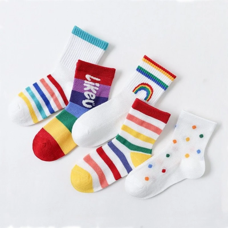 5 Pairs Children's Ankle Socks, Rainbow Design, Trendy, Cute, Lightweight for Summer, Breathable, Comfortable 5