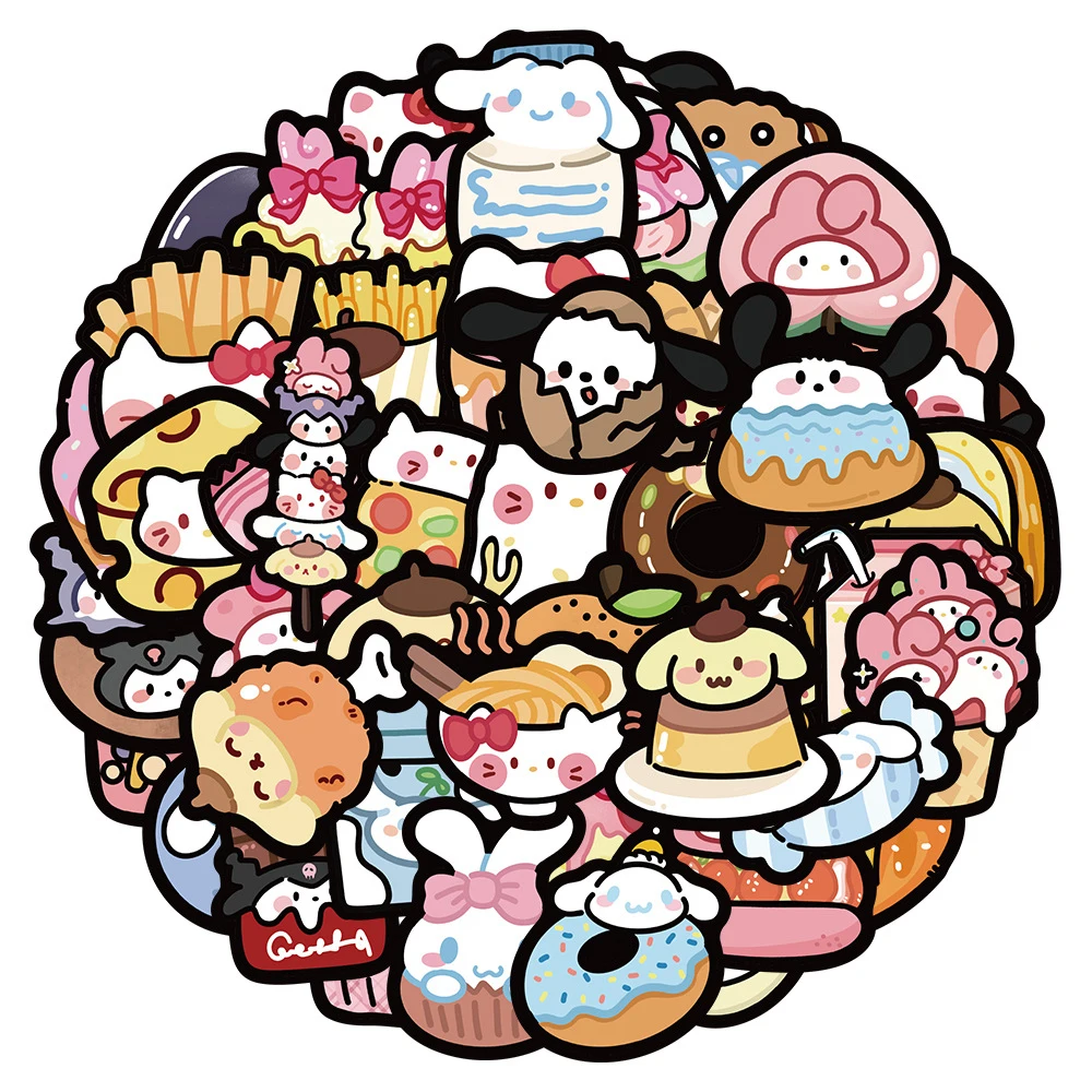 

10/30/50pcs Funny Anime Sanrio Food Cartoon Stickers Aesthetic Hello Kitty Kuromi My Melody Decals Kawaii Classic Sticker Toys