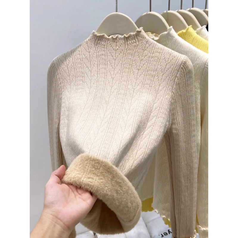 Autumn and Winter Slim-fitting Women's Wooden Ear Edge Semi-turtleneck Long-sleeved Sweater Elegant Integrated Velvet Knitwear