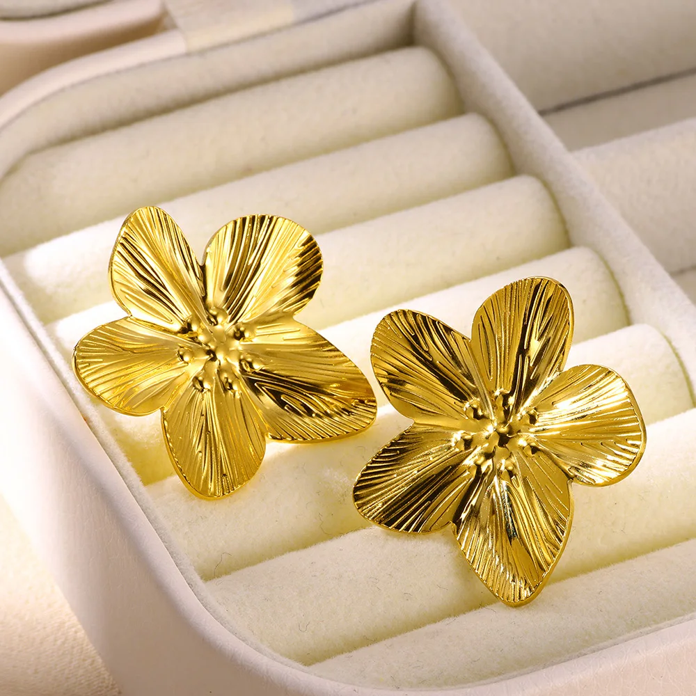 Elegant Flower Earrings For Women Gold Color Stainless Steel