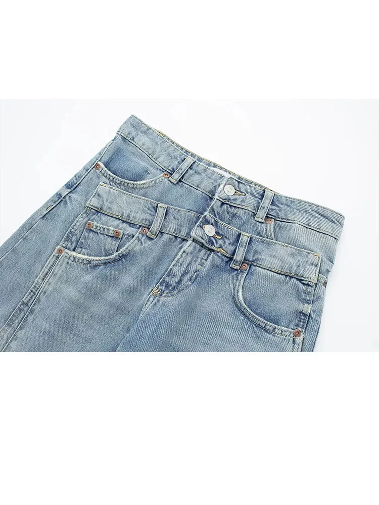 HH TRAF 2023 Woman Fashion High Waist Jeans Vintage Spring Casual Street Slim Patchwork Denim Trousers Women Wide Leg Long Pants