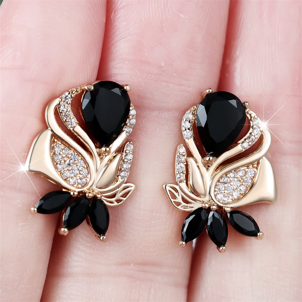 Vintage Black Crystal White Zircon Flower Hoop Earrings For Women Trendy Gold Color Ear Buckle Wedding Jewelry Engagement Gifts