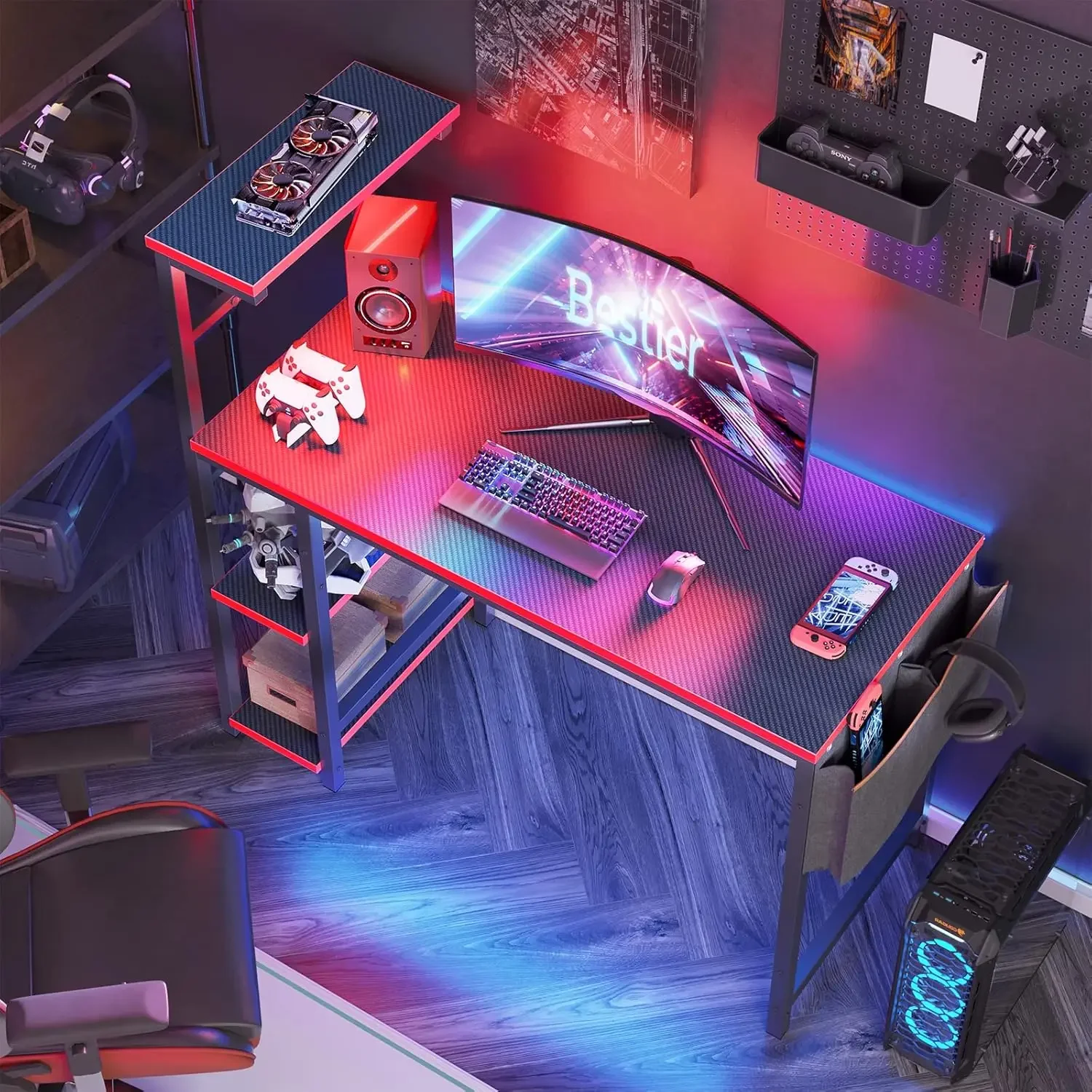 Gaming Desk with LED Lights, 44 Inch PC Gamer Desk for Small Spaces, Computer Desk with Reversible Storage Shelves 3