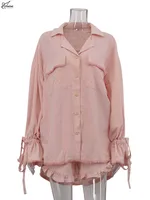 Oymimi Elegant Pink Cotton Sets For Women 2 Pieces Fashion Pockets Long Sleeve Lace-Up Shirts And High Waist Ruffled Shorts Sets - Image 5