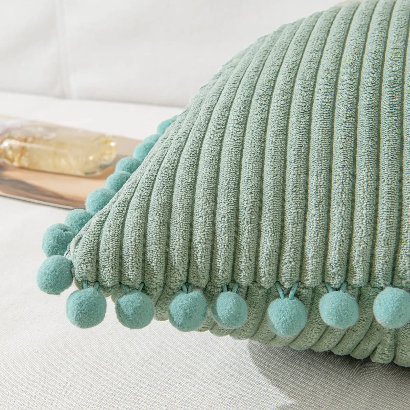 Boho Pom-Pom Corduroy Decorative Pillow Covers - Soft Square Throw Cushions (Set of 2)