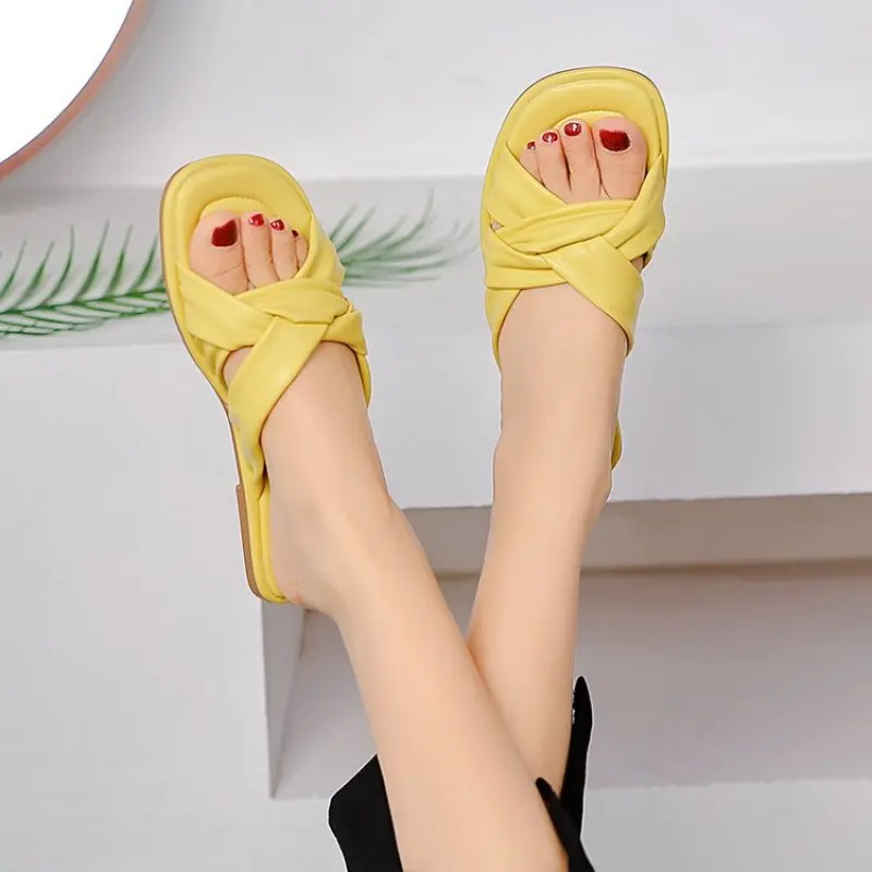

Designer Fashion Women Casual Slippers Open-toed Outside Female Cross-tied Slipper Platform Soft-soled Women Beach Slides Sandal