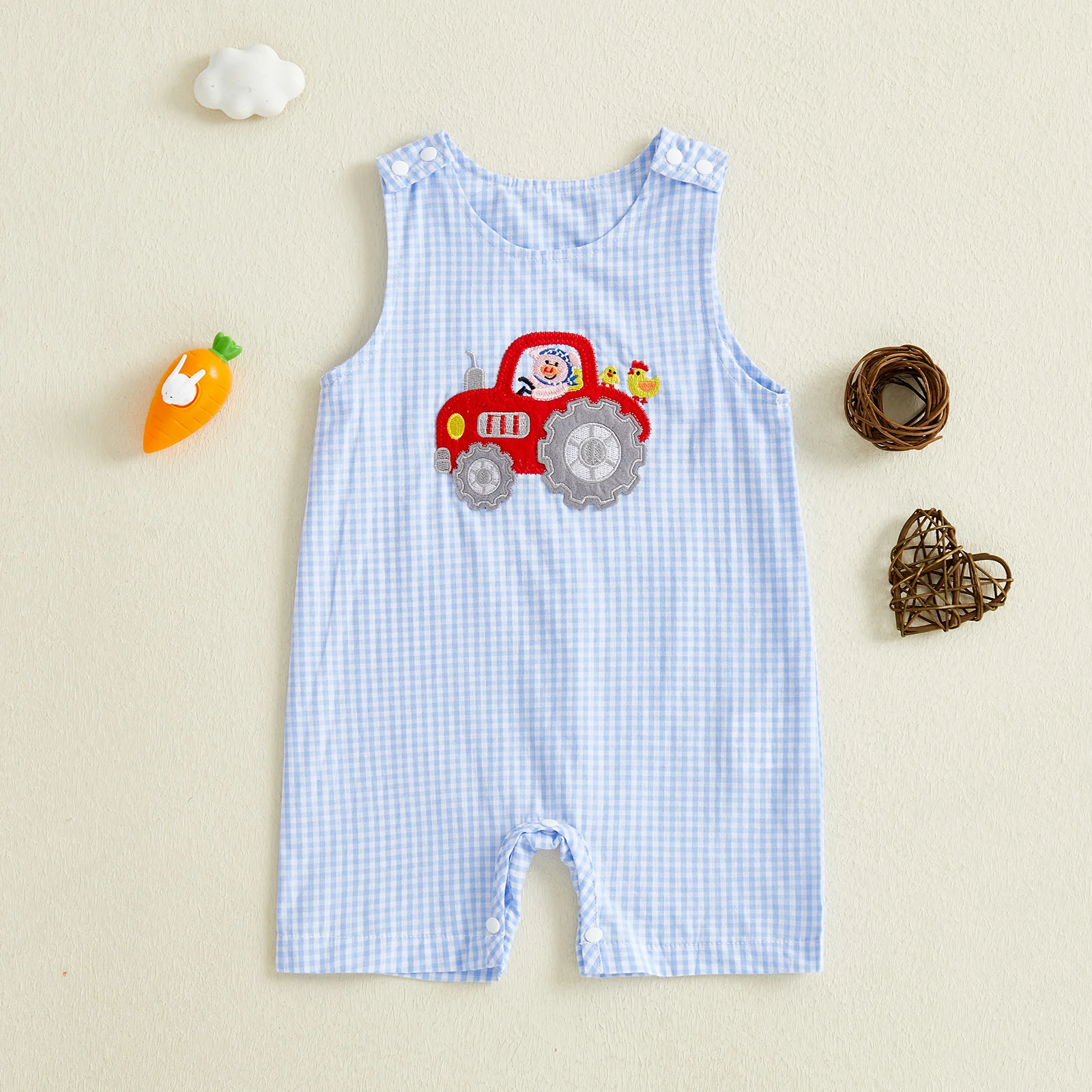 Infant Boy Country Style Overalls Sleeveless Round Neck Farm Tractor Applique Checkered Romper Suit