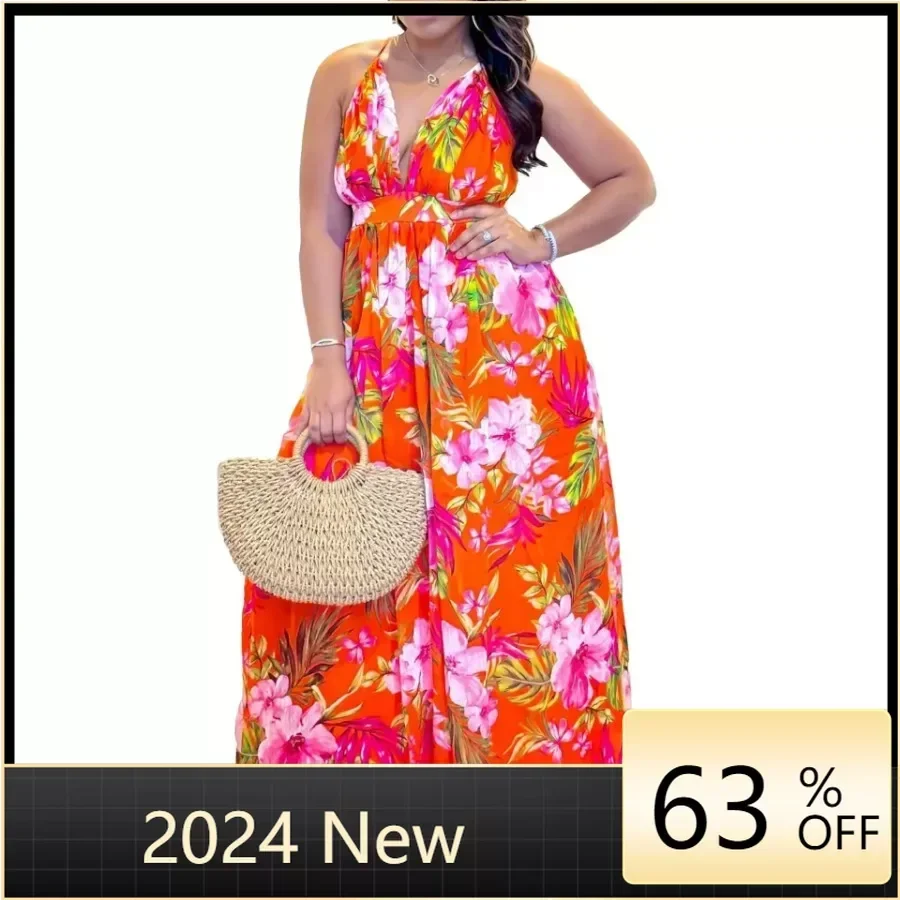 

Women Tropical Print Sexy Halter Backless Summer Maxi Dress