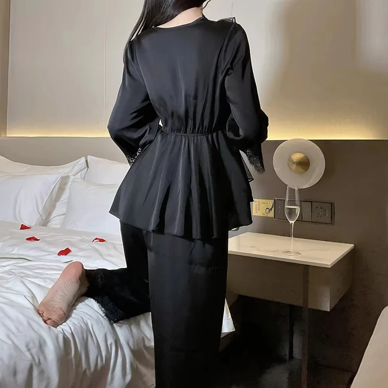 2025 Women's New Lace Lace Satin Home Pajama Set Deep V Sweet Lace Top Pants Two Piece Set Home Clothes Skin friendly Hot Sale