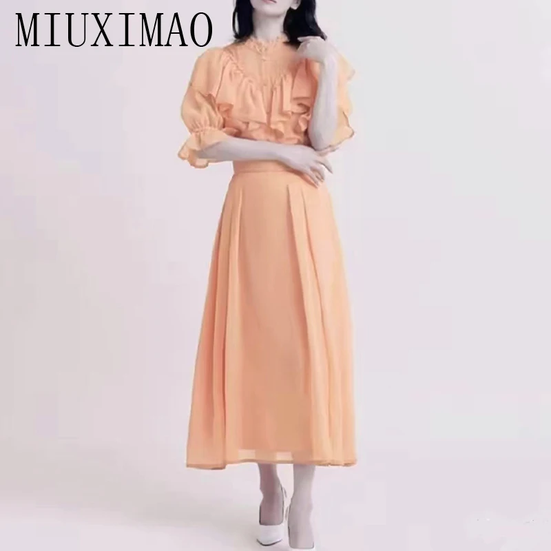 

Женское длинное шифоновое платье MIUXIMAO, элегантное однотонное платье с коротким рукавом и воланом, весна-лето 2023