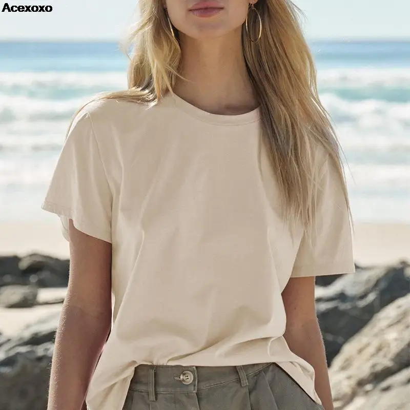

Summer new women's fashion casual cotton round neck short sleeve loose solid color rendering short sleeve top