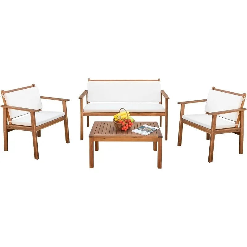 

Patio Furniture 4 Piece Acacia Wood Outdoor Conversation Sofa Set with Table & Cushions Porch Chairs for Garden