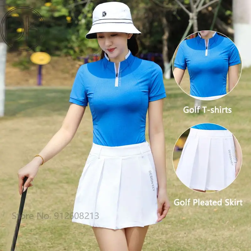 

DK Summer Ladies Zipper Collar Golf T-shirts Short Sleeve Golf Shirt Women High Waist Golf Skort Quick-Dry Sports Skirts Sets