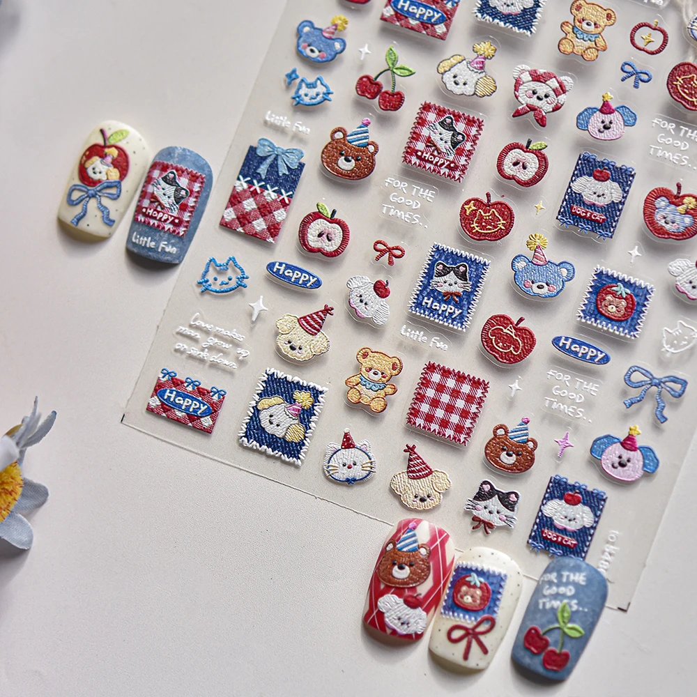 1개 귀여운 나비넥타이 5D 네일 아트 스티커 패치 데님 곰 말 귀여운 동물 리본 네일 데칼 DIY 매니큐어 장식 팁