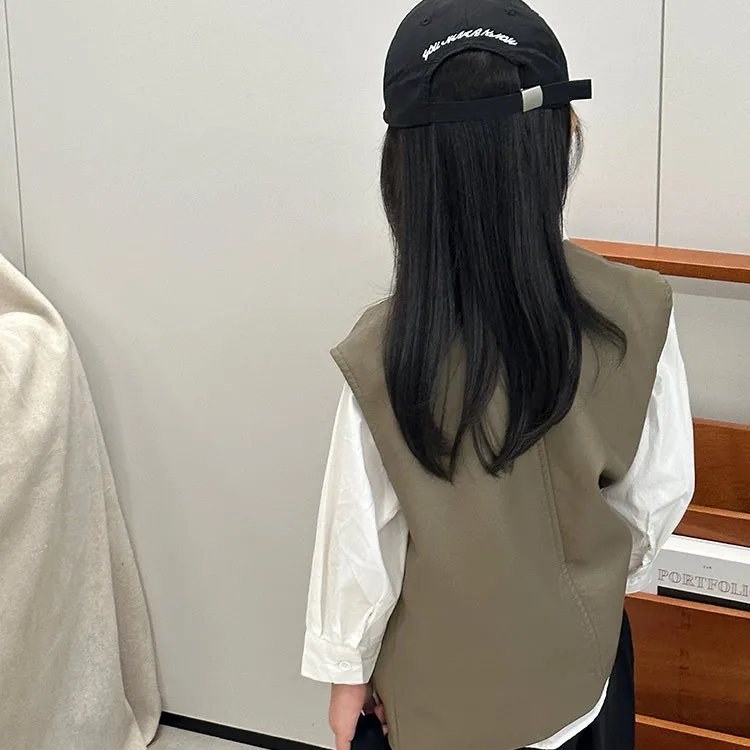 어린이용 가죽 조끼, 한국 버튼리스 PU 재킷, 소년 소녀 아동복, 2024 용수철 가을 신상