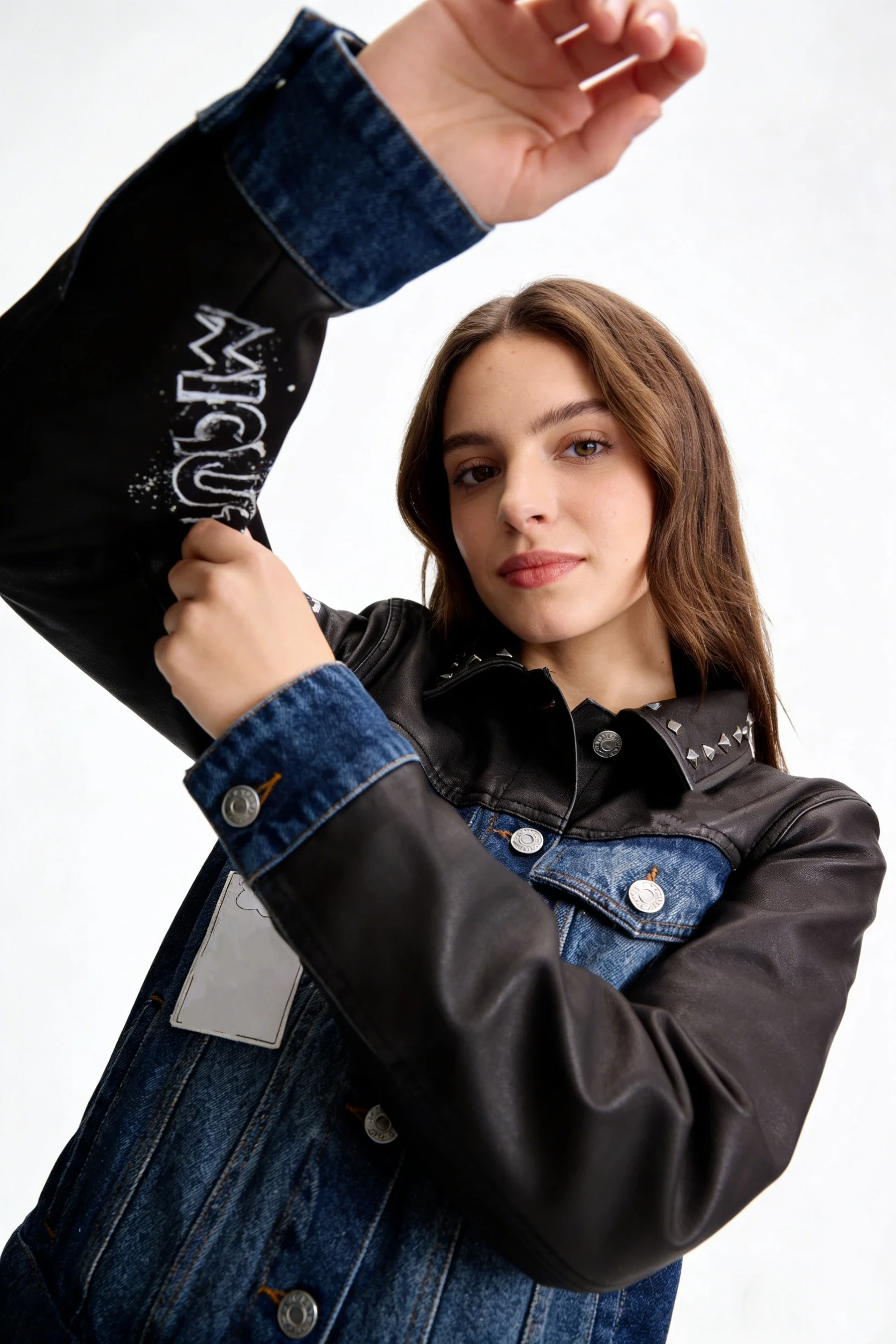Women's jackets high quality women's clothing Women's denim jacket Coat New Women's Cartoon Printed Splicing PU Jacket - 4