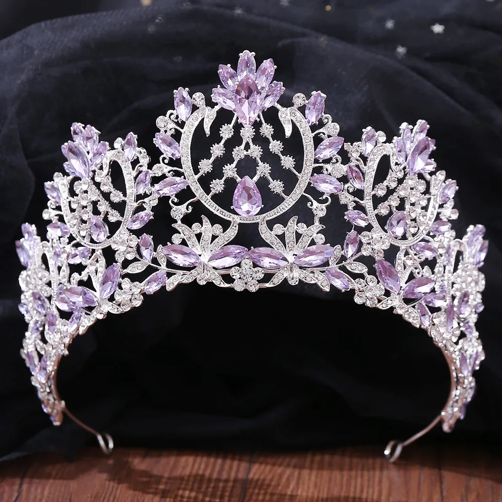 Bridal Headwear Silver Color Purple Crystal Crowns Bridal Tiaras Fashion Queen Rhinestone Diadem Headpiece