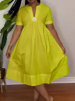 Casual Short Sleeved V-neck Waist Cinched Loose Vacation A-line Shirt Skirt - Image 2