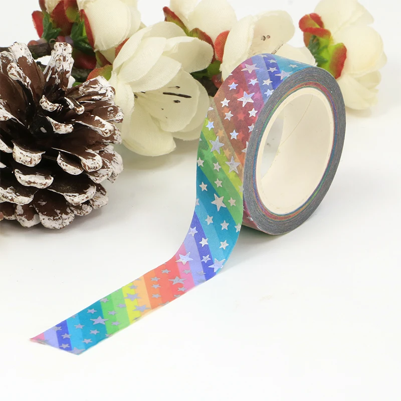 1PC. 10M Deco Silver Foil Rainbow Stars Washi Tape for Planner Scrapbooking Adhesive Stickers Masking Tape Cute Kawaii Papeleria 3