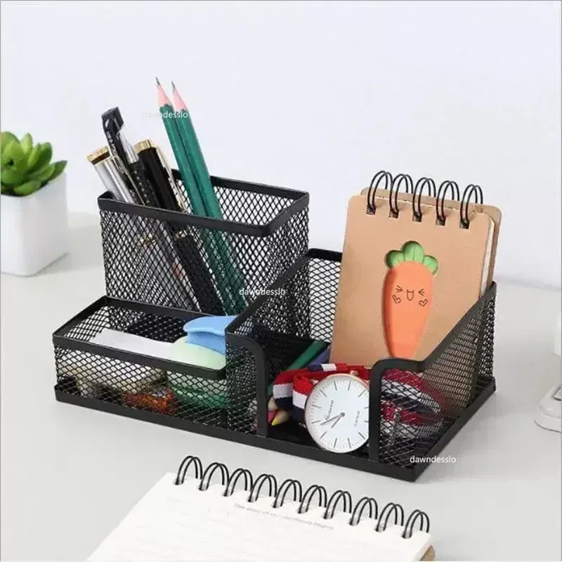 Pen Holder Desktop Storage Box Stationery Organizer Stationery Storage Box Desktop Storage Kit Desk Stationery Organizer Creative Metal Pen Holder Pencil File Storage Rack 3 Grid Storage Box Office Accessories