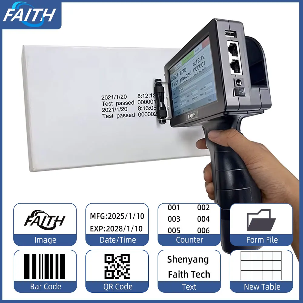 Faith 휴대용 열 TIJ 프린터, 식품 선물 상자, 라벨 기계, 일련 번호, 계란 병 인쇄, 공장용