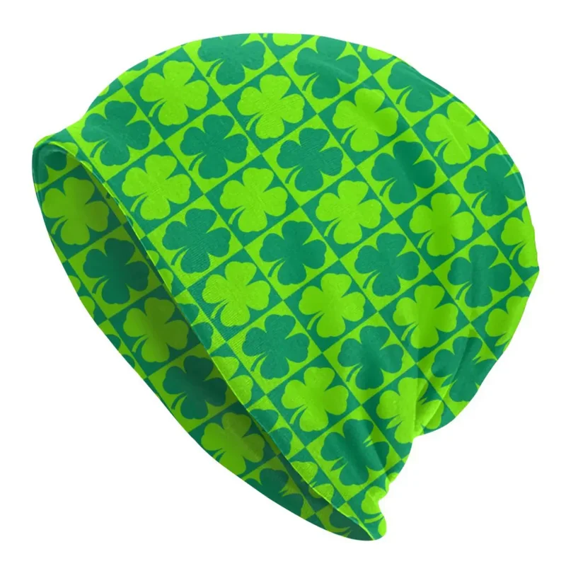 

Four Leaf Clover Floral Checkerboard Beanie Cap Winter Bonnet Homme Knitted Hats Hip Hop Saint Patrick Day Shamrock Beanies Cap