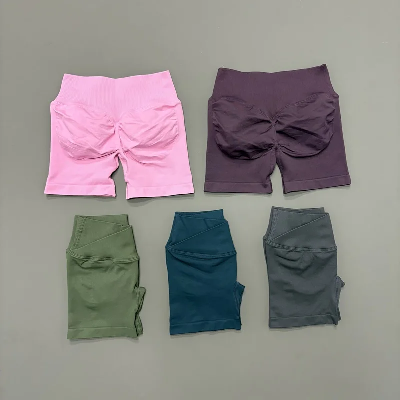 여성용 비전 쇼츠 4.5인치 요가 심리스 크로스오버 허리짐 요가 스트레치 레깅스 피트니스 러닝 운동 사이클링 스포츠 타이츠